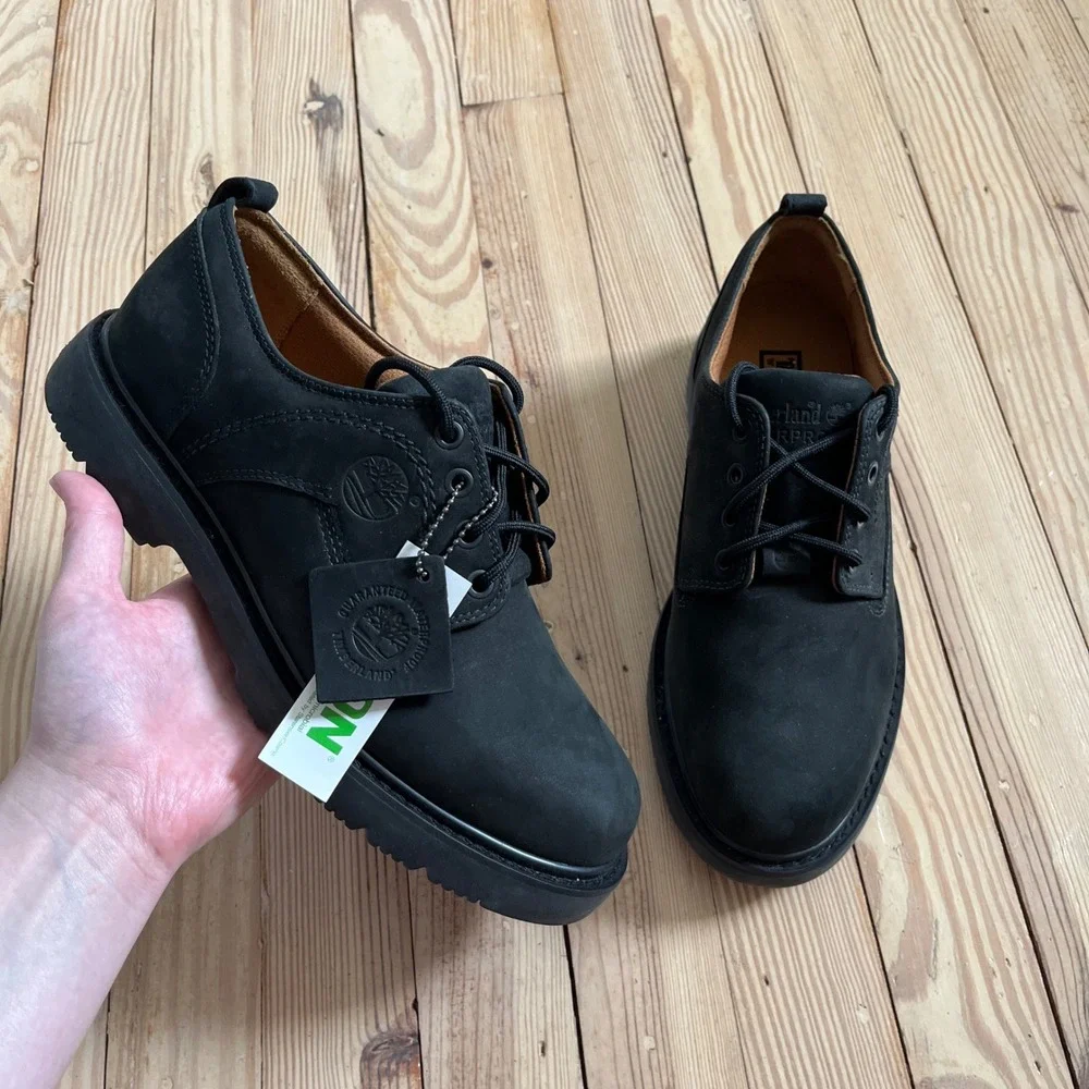 Timberland Waterproof Black Leather Oxford Lug Sole Mens 8 Shoes utility worn 1x